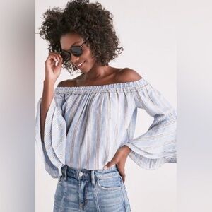 Lucky Brand Bell Sleeve Off the Shoulder Blue Stripe Top Small